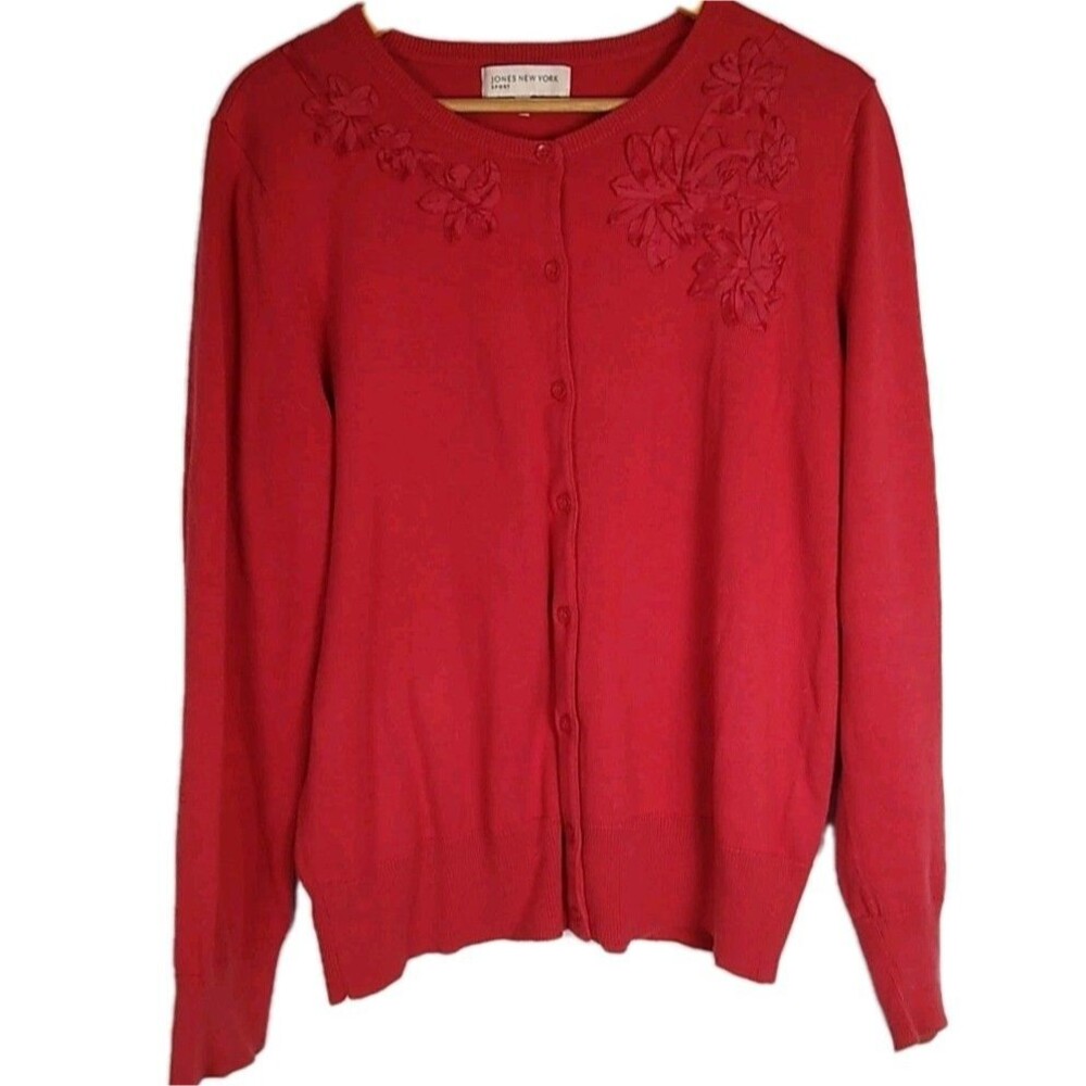 JONES NEW YORK SPORT Red Cardigan Sweater Women’s Sz XL Ribbon Appliqué Holiday